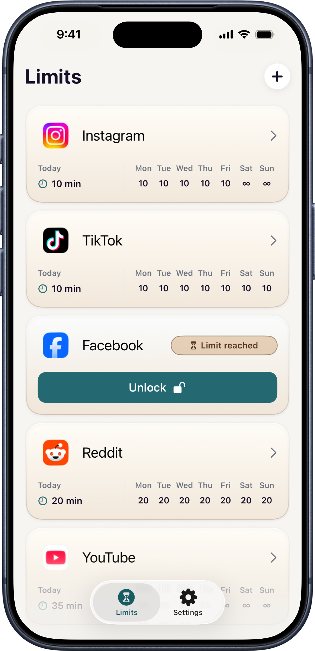 Svala app limit screen on iPhone
